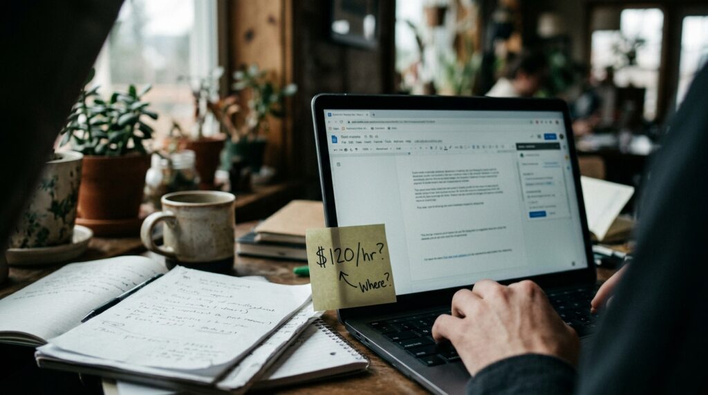 laptop with sticknote on messy desk & books left side